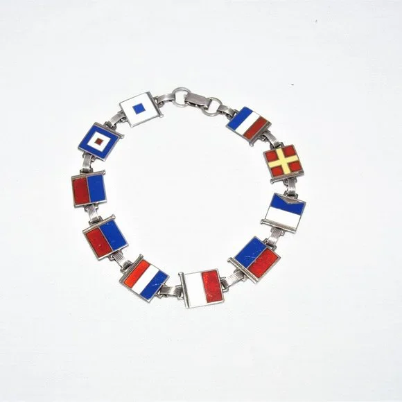 1940s Sterling Silver Enamel Nautical Flag “Sweetheart” Bracelet WWII